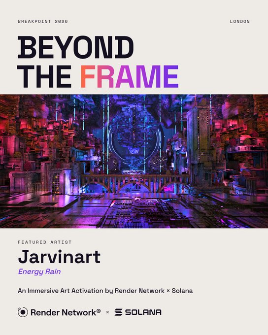 A promotional poster for “BEYOND THE FRAME” in London features a neon futuristic cityscape and text for featured artist Jarvinart’s “Energy Rain,” an immersive activation by Render Network and Solana.