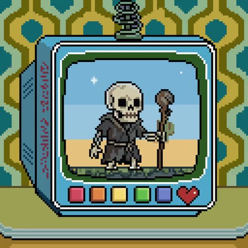 The image features a cartoon character, possibly a skeleton or a monster, sitting inside an old television set. The character appears to be holding a stick with a heart at its end. The television screen displays a picture of the character, which is surrounded by various colors and shapes. The background includes a patterned wallpaper that adds visual interest to the scene.