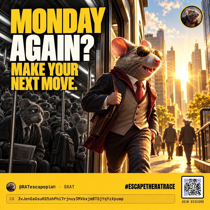 An anthropomorphic rat in a sharp suit and sunglasses steps confidently off a crowded subway toward a sunlit cityscape, while fellow rats remain packed inside the dim train. Bold yellow text reads "MONDAY AGAIN? MAKE YOUR NEXT MOVE," tying into the $RAT "#EscapeTheRatRace" meme posted by @RATescapelan, with a crypto contract address and Discord QR code shown below.