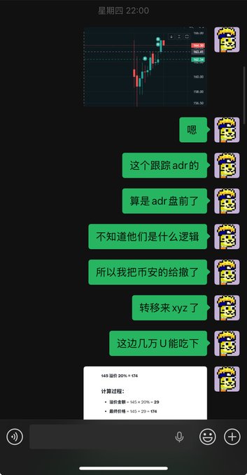 A Chinese-language WeChat conversation discussing tracking ADR (American Depositary Receipt) with a stock chart visible at the top, where the sender explains their position on ADR moving to XYZ with calculations showing 165 × 20% = 29 and 165 - 29 = 136.