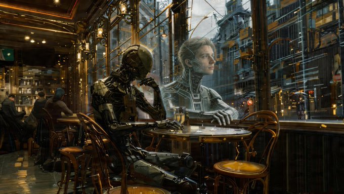 A cyberpunk-style image depicts a robot and a cybernetic human sitting together at a small table in an ornate cafe, with a futuristic cityscape visible through the window.