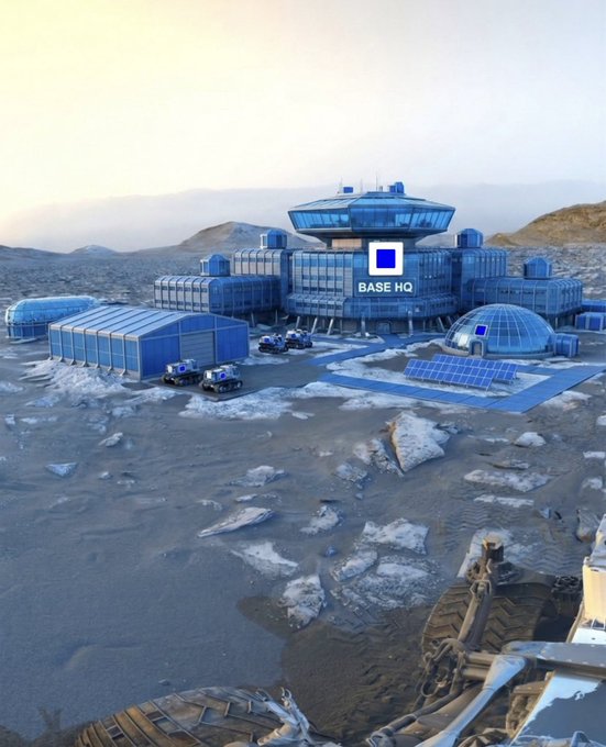 A futuristic base labeled 'BASE HQ' on a rocky, icy terrain, with solar panels, dome structures, and vehicles parked nearby.