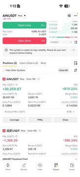 A stock trading app interface showing positions for AIR/USDT with leverage details and gain/loss percentages, and a closed position for BEAR/USDT showing a -$6.24 profit.
