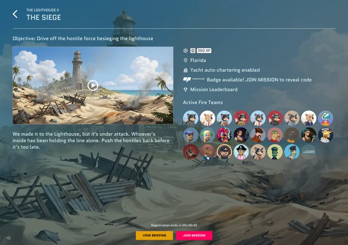 Gaming mission screen titled 'THE SIEGE' from The Lighthouse II, showing objective to drive off hostile forces at a Florida lighthouse with active fire teams leaderboard.