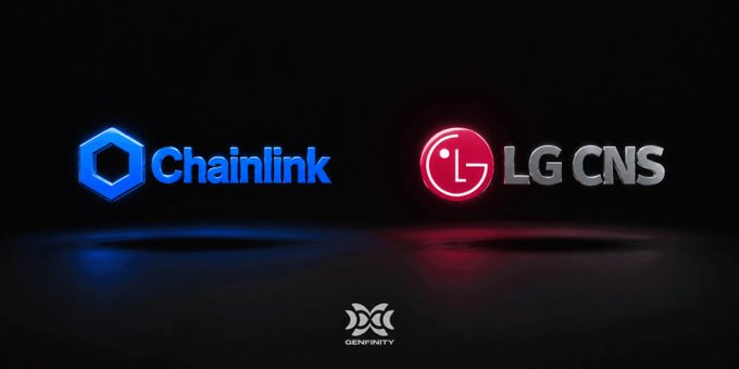 A dark promotional graphic displays the logos and names "Chainlink" and "LG CNS," with a small Genfinity logo at the bottom.