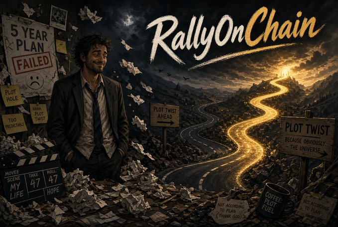 An artistic promotional image titled 'RallyOnChain' depicting a man standing on a mountain of discarded plans with signs like '5 YEAR PLAN FAILED' and 'PLOT TWIST AHEAD'.