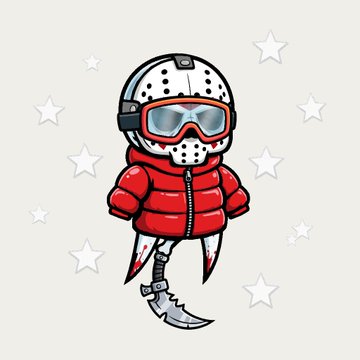 A cartoon illustration depicts a chibi-style character wearing a hockey mask, ski goggles, red puffer jacket, and a serrated blade leg, set against a starry background.