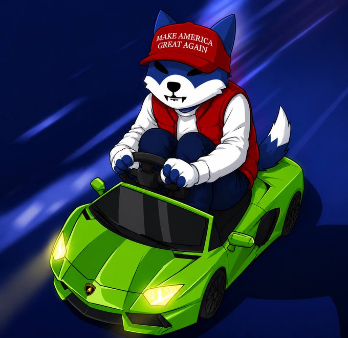The image features a cartoon character, possibly a dog or a fox, riding a green car with a red hat on its head. The character appears to be driving the car while wearing a red cap backwards. The background of the image is blue, which contrasts with the green car and adds depth to the scene. The caption at the bottom of the image reads "Pedal down. Eyes forward. The road to greatness isn' crowded." This message seems to be related to the post about the Democratic presidential candidate Hillary Clinton's campaign.