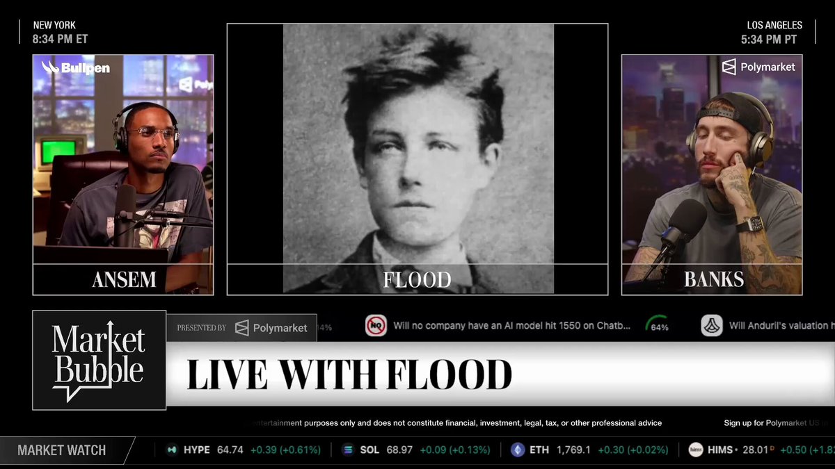 The image shows a computer screen displaying three different photos of a young man's face with the text "Live With Flood" written below each photo, along with the names "Ansem", "Flood", and "Banks". The first photo is on the left side of the screen, while the second photo is in the center. The third photo is located at the top right corner of the image. The text "Live With Flood" appears to be a promotional slogan for a cryptocurrency called Hyperliquid.