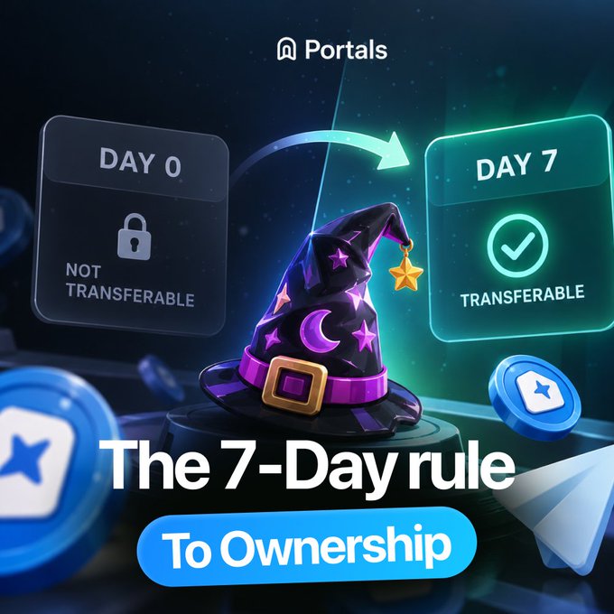 A digital graphic for 'Portals' illustrating 'The 7-Day rule To Ownership' showing the transition from 'DAY 0 NOT TRANSFERABLE' to 'DAY 7 TRANSFERABLE' with a wizard hat illustration.