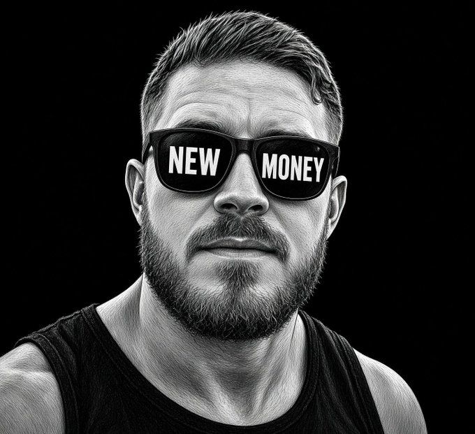A black and white portrait illustration of a bearded man wearing sunglasses that reflect the words "NEW MONEY" against a dark background.