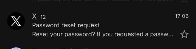 An email notification from X (Twitter) at 17:06 showing 12 messages, with the top email being a 'Password reset request'.