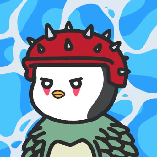 A cartoon illustration of an angry-looking penguin wearing a red spiked helmet against a blue wavy background.