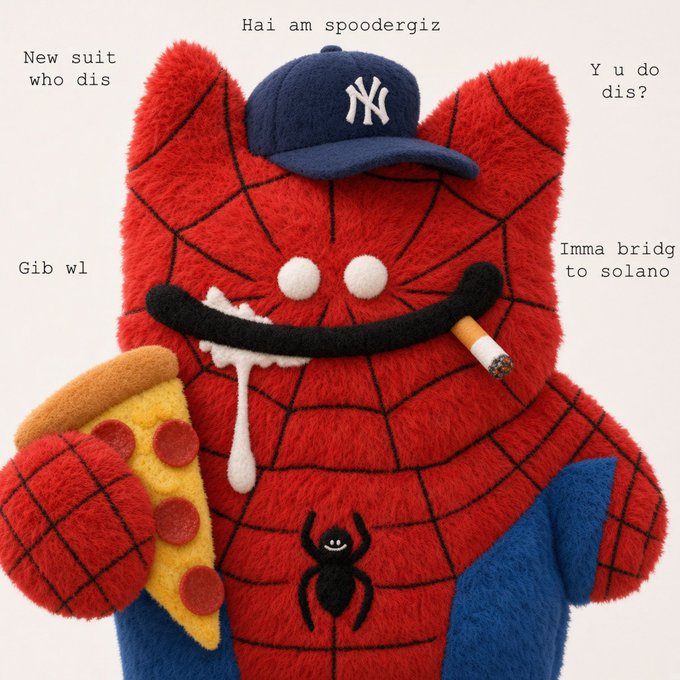 A red plush Spider-Man-like character wearing a Yankees (NY) cap, holding a slice of pizza and a cigarette, with text 'Hai am spoodergiz', 'New suit who dis', 'Y u do dis?', 'Gib wl', and 'Imma bridg to solano'.