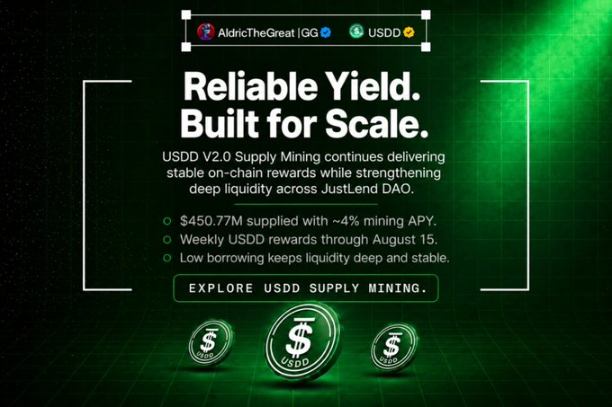 A promotional graphic for USDD V2.0 Supply Mining featuring 'Reliable Yield. Built for Scale.' with bullet points noting $450.77M supplied with ~4% mining APY, weekly rewards through August 15, and low borrowing keeping liquidity deep and stable, tagged with @AldricTheGreat and $USDD.
