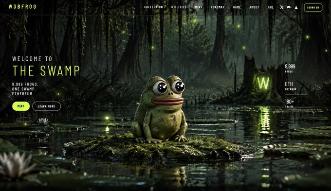 The image shows the W3BFROG website homepage featuring a cartoon frog with "Welcome to The Swamp" text, advertising 9,999 frogs on the Ethereum network alongside stats for ETH price and 180+ traits. The accompanying post promotes exploring the site at w3bfrog.xyz, which matches this landing page that includes "Mint" and navigation tabs for Collection, Utilities, Mint, Roadmap, Game, and About.