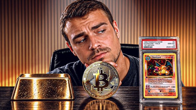 A man gazes thoughtfully at a Bitcoin, a gold bar, and a graded 1999 Pokémon Game Shadowless Holo 1st Edition Charizard #4 (GEM MT 10) card, illustrating the post's theme of childhood nostalgia meeting crypto and high-value collectibles.