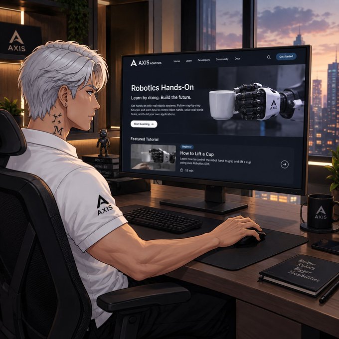 An anime-style illustration of a silver-haired man wearing an 'AXIS ROBOTICS' polo shirt, working at a computer that displays a robotics tutorial titled 'Robotics Hands-On' about controlling a robot hand.