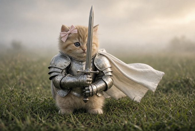 An adorable digital illustration of a small fluffy kitten wearing medieval silver armor and a pink bow, holding a sword with a white cape draped over its back in a misty field.