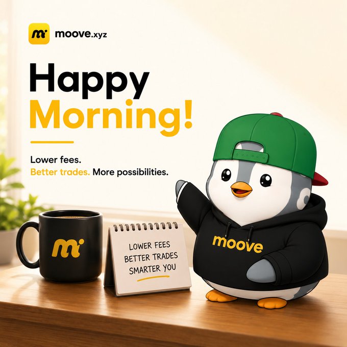 A cheerful penguin mascot wearing a green cap and black "moove" hoodie waves beside a coffee mug and notepad reading "LOWER FEES, BETTER TRADES, SMARTER YOU," with the headline "Happy Morning!" and the tagline "Lower fees. Better trades. More possibilities." from moove.xyz—visually reinforcing the post's message about moove.xyz offering low-fee, capital-efficient trading for active users.