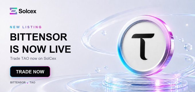 The image is a SolCex promotional banner announcing the new listing of Bittensor (TAO), featuring the Bittensor logo alongside the text "NEW LISTING: BITTENSOR IS NOW LIVE - Trade TAO now on SolCex." It directly supports the post's announcement by visually highlighting the TAO token listing with a call-to-action "TRADE NOW" button.