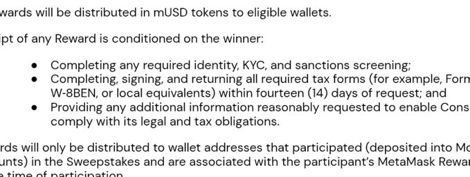 A terms and conditions excerpt details conditions for mUSD token reward distribution, including identity, KYC, sanctions screening, tax forms (Form W-8BEN) within 14 days, and additional information requirements.