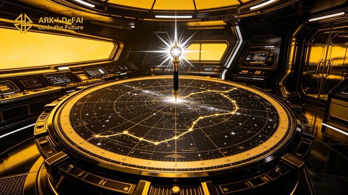 A futuristic golden command center features a glowing star map and a central AI orb, with "ARK DeFAI" and "Code the Future" text in the upper left, symbolizing Arkie AI's role as the navigational core for ARK users—transforming complex Web3 data into clear, structured direction through intelligent agent-based guidance.