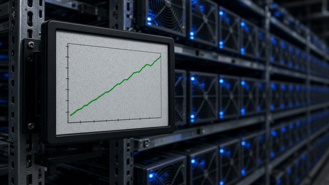 A server room with blue indicator lights includes a mounted monitor displaying a simple line graph trending steadily upward.