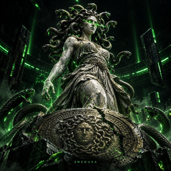 A dramatic digital artwork depicting a Medusa-like figure with snakes for hair and glowing green eyes, dressed in a stone-textured gown, standing triumphantly atop a pedestal adorned with a Gorgon face medallion, surrounded by dark, shattered architecture and green energy beams, with the text "$MEDUSA" at the bottom.