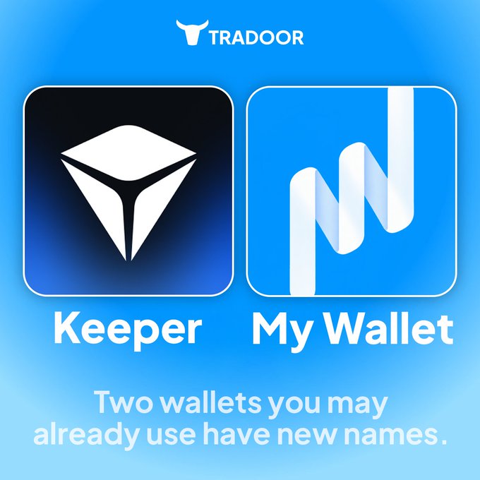 A graphic announcing wallet rebranding by Tradoor, showing logos for "Keeper" (formerly Tron) and "My Wallet" (formerly Neon).