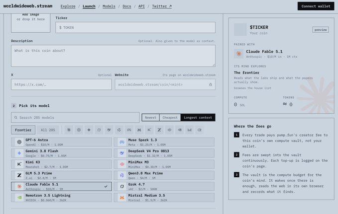 A screenshot of worldwideweb.stream showing a cryptocurrency token launch interface for a coin called 'STICKER' paired with Claude Fable 5.1 on Solana, with various AI models listed including GPT-4o Astra, Gemini 3.0 Flash, and Kimi K3.