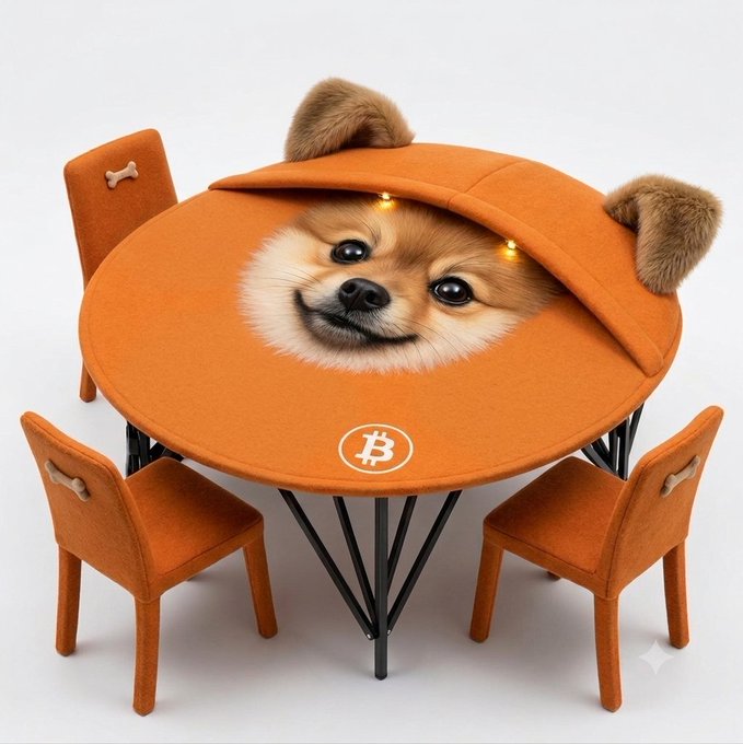 An orange table and chairs set features a surreal design where a Pomeranian's face emerges from the tabletop, accompanied by a Bitcoin logo. This whimsical imagery visualizes the accompanying post "$dog will be everywhere" by merging a beloved dog breed with a prominent cryptocurrency symbol.