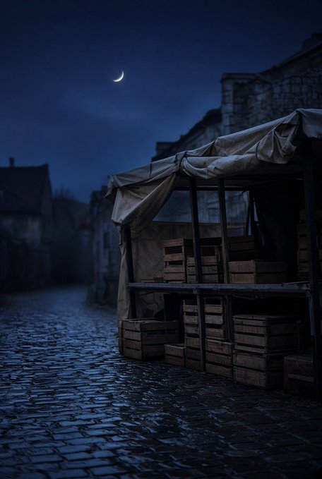 A moody, dark scene depicts a cobblestone street at night under a crescent moon, featuring a wooden market stall with stacked crates and a draped canvas awning beside old houses.