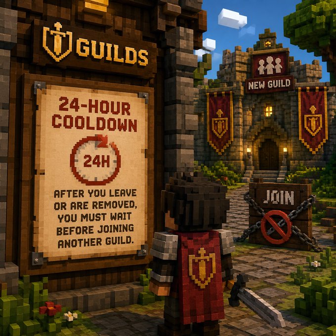 A Minecraft-style scene featuring a 'GUILDS' sign explaining a '24-HOUR COOLDOWN' rule after leaving a guild, with a character in armor standing before a guild hall marked 'NEW GUILD' and a chained 'JOIN' option.