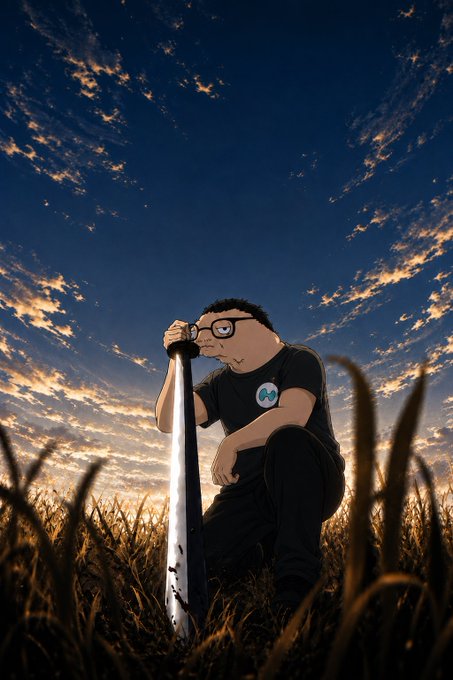 An illustrated cartoon man with glasses, dark hair, and a black t-shirt featuring a blue wave logo kneels in a wheat field at sunset while gripping a large sword planted in the ground.