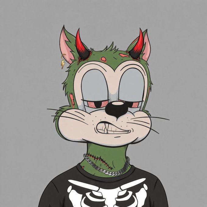 A digital illustration of an anthropomorphic green cat-like character with red horns, blue eyes, and a stitched scar on its neck, wearing a black skeleton t-shirt.