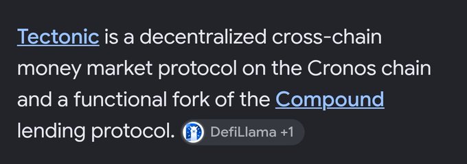 Text describing Tectonic as a decentralized cross-chain money market protocol on the Cronos chain and a functional fork of the Compound lending protocol, with a DefiLlama link.