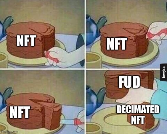 A four-panel meme using cartoon animation to show 'NFT' being sliced and replaced by 'FUD DECIMATED NFT', with a watermark reading 'kwpk.ai'.