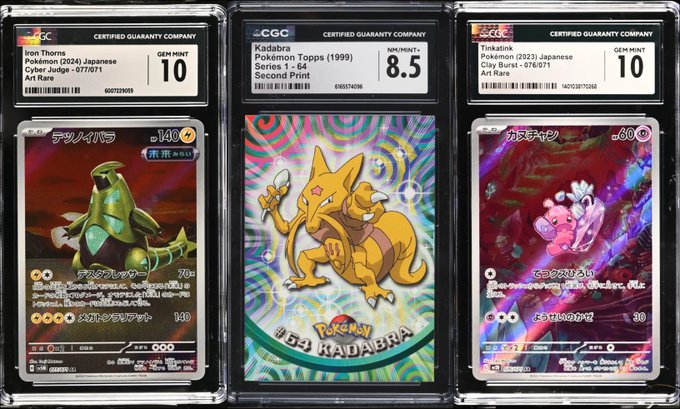 Three graded Pokémon cards from CGC (Certified Guaranty Company): Iron Thorns (Gem Mint 10), Kadabra Pokémon Topps (NM/Mint 8.5), and Tinkatink (Gem Mint 10).