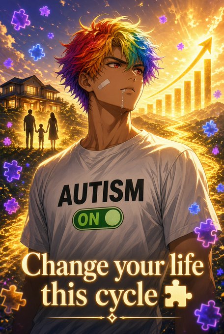 An anime-style illustration of a young man with rainbow-colored hair wearing a white t-shirt that reads 'AUTISM ON', with text below stating 'Change your life this cycle', set against a background of a house, family, and golden ascending bars.