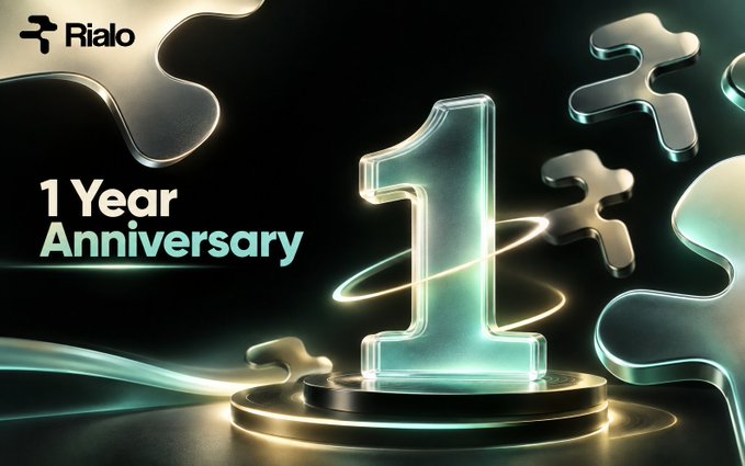 A sleek, 3D-rendered promotional image celebrating Rialo's 1 Year Anniversary, featuring a glowing glass-like "1" on a pedestal surrounded by puzzle pieces, with the text "1 Year Anniversary" and the Rialo logo. The anniversary imagery aligns with the post's reflection on the user's first year at @RialoHQ, visually marking the milestone being discussed.