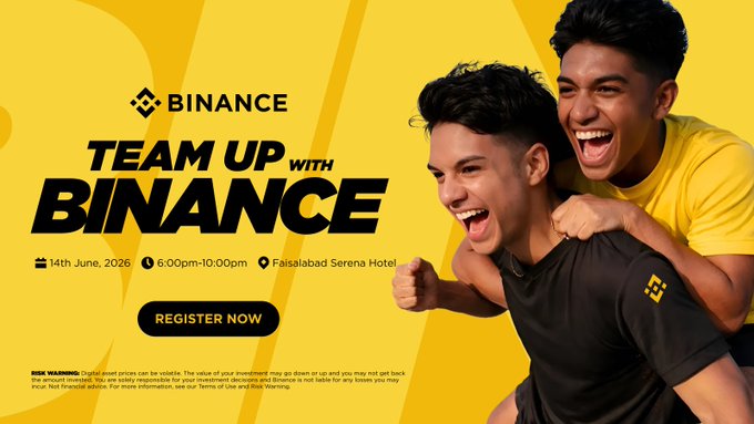 The image features a poster for an event called "Team Up With Binance" that takes place at Faisalabad, Pakistan. The poster includes two men posing together, one of whom has his arm around the other's shoulder, suggesting they are friends or teammates. The event is scheduled to take place on June 14th and will be held at a hotel in Faisalabad. The poster also mentions that there is an "affiliate program" associated with the event, which could potentially involve promoting Binance Coin or other related products.