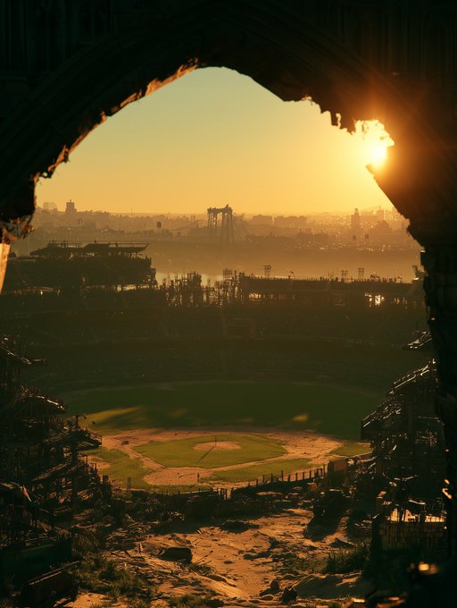 A scenic view through a stone archway of a stadium at sunset or sunrise, overlooking a distant cityscape with a body of water and industrial structures bathed in golden light.