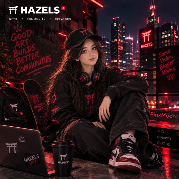 A stylized promotional image for 'HAZELS' featuring an anime-inspired character in a cyberpunk city setting, with text reading 'Good Art Builds Better Communities' and 'Same Vision. Bigger Moves.', along with a laptop, skateboard, and merchandise branded with the Hazels logo.