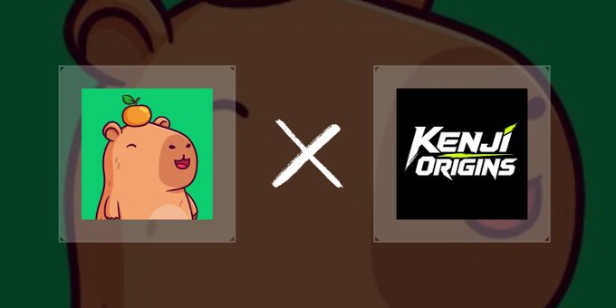 A graphic displays two square logos separated by a white 'X': a cartoon bear with an orange on its head on a green background, and 'KENJI ORIGINS' in white text on a black background.