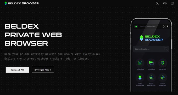 Promotional webpage for the Beldex Browser featuring the tagline 'BELDEX PRIVATE WEB BROWSER' with text 'Keep your online activity private and secure with every click. Explore the internet without trackers, ads, or limits.' and download buttons alongside a smartphone mockup.