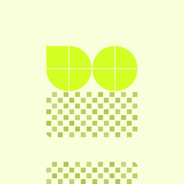 A minimalist green pixel art design on a light background showing two round shapes resembling eyes or glasses above a dotted/checkered pattern.