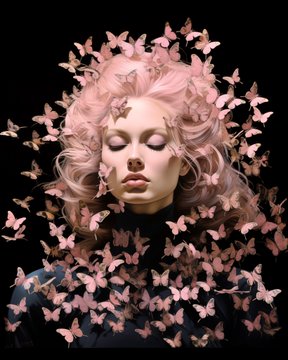 An artistic portrait of a woman with closed eyes and pink hair, surrounded by a swarm of pink butterflies against a black background.