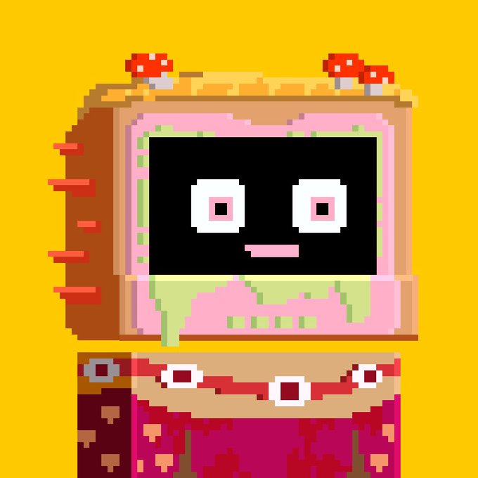 A pixel art illustration of a quirky retro TV-headed character with mushrooms on its antennas, oozing pink and green slime, set against a bright yellow background. The image serves as a playful, eye-catching visual accompanying the announcement of a guaranteed allocation giveaway for subscribers by @zecvisions.