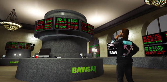 A digital avatar stands inside the BAWSAQ stock exchange, a parody of NASDAQ from the Grand Theft Auto (GTA) video game universe by publisher Take-Two Interactive ($TTWO), with green and red ticker boards displaying market data under the prominent "BAWSAQ" logo.